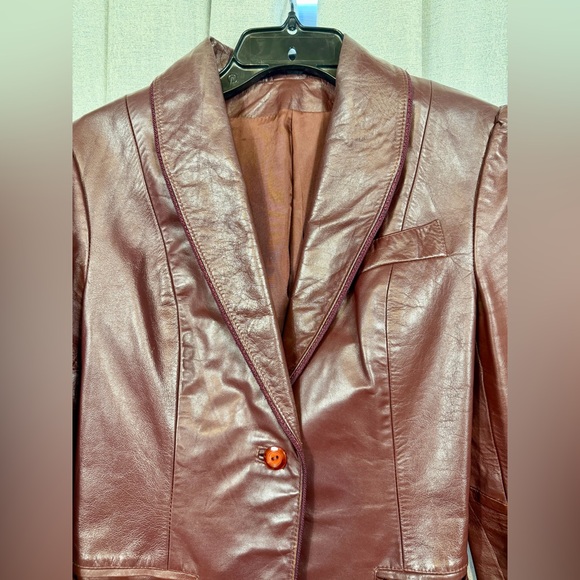 Burgundy Genuine Leather Blazer Jacket Women’s Fitted Single Button Vintage - Picture 3 of 10